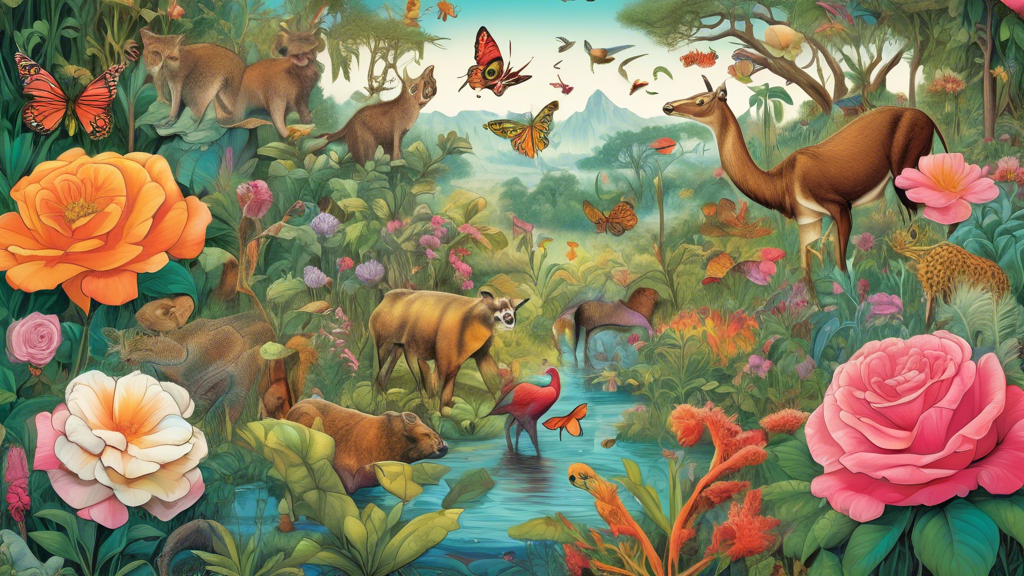 An enchanting illustration of various wildlife exploring the vibrant and bustling ecosystem around a multiflora rose bush, showcasing its beauty and the fun facts associated with it.