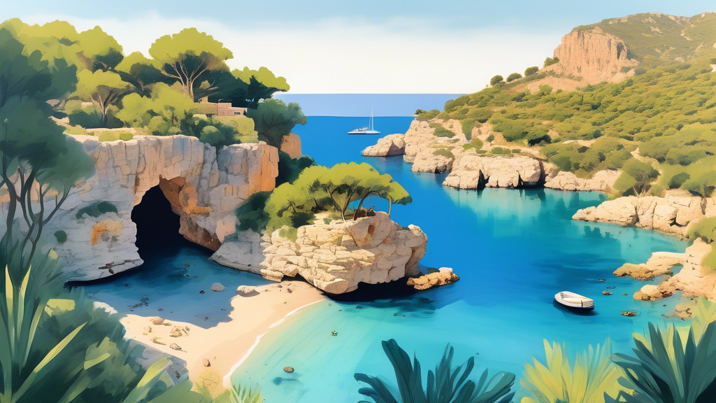 A serene hidden cove in Mallorca, with a crystal-clear blue lagoon surrounded by lush greenery, far from the bustling tourist spots, depicted at golden hour.