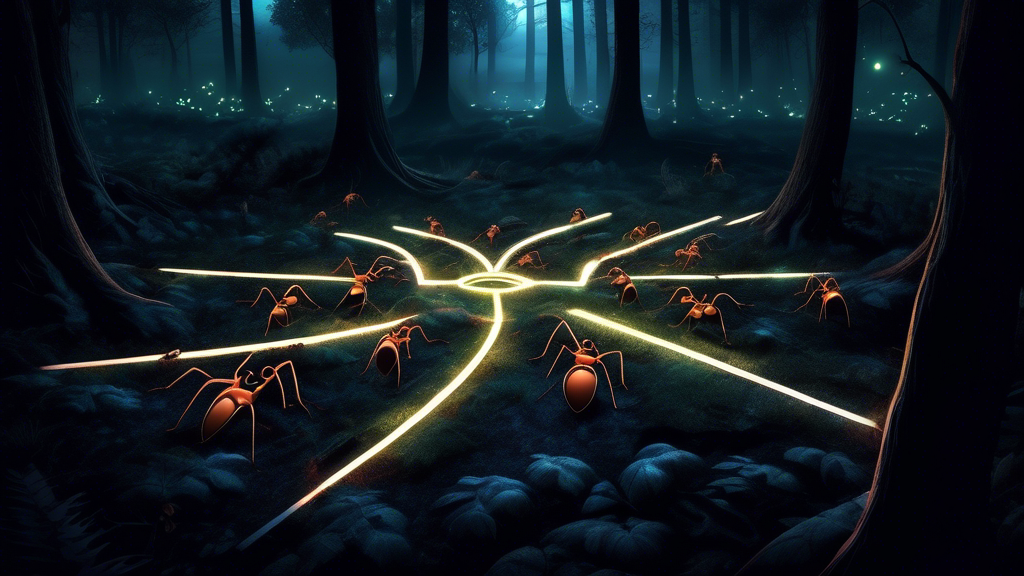 Digital artwork of ants constructing a glowing symbol on the ground in a dark forest, representing their unique form of communication.