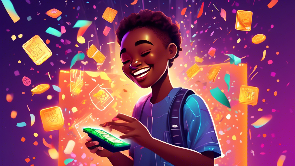Digital illustration of a smiling young person opening a glowing, magical virtual wallet revealing 1500 naira, with the Palmpay logo floating above, surrounded by digital confetti.