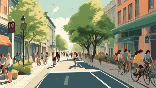 An idyllic city street where people are walking, cycling, and using public transportation, with greenery around, and no cars in sight.