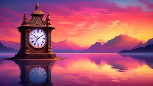 An elegant, ancient clock standing at the edge of a still, reflective lake during a serene sunset, with the vibrant colors of the sky reflecting on the water's surface, symbolizing the concept of 'Time to Reflect.'