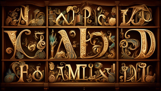 DALL-E, create an image of an elegant and decorative alphabet, showcasing the unique 'Familior Font' in a fantasy library setting.