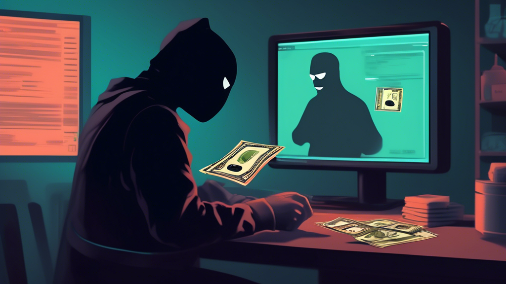 Digital artwork depicting a shadowy figure trading counterfeit money on the Telegram app, with the username @dreyfussbilly visible on the screen.