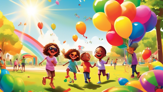 Children playing and laughing in a sunlit park, with colorful balloons and a vivid rainbow in the background.