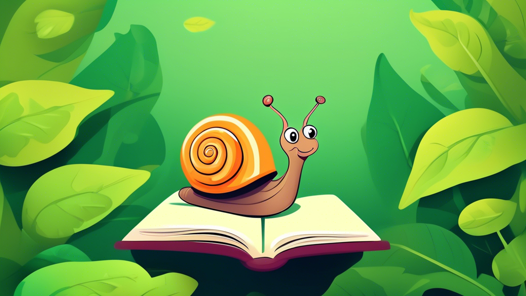 A happy garden snail munching on a fresh green leaf