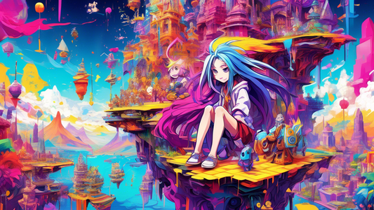 Create an image depicting the vibrant and imaginative world of 'No Game No Life,' showcasing its main characters: Sora and Shiro, standing confidently in a surreal, colorful landscape filled with floa