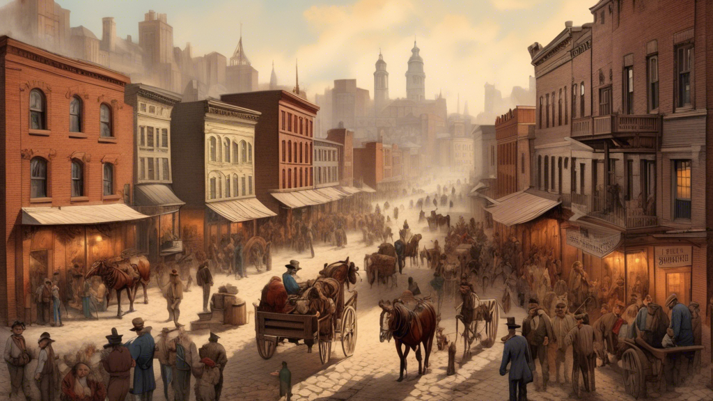 An artistic representation of a bustling 19th-century downtown scene, conspicuously void of any cattle drives, highlighting the contrast between the busy human activity and the absence of livestock amidst historical buildings and cobblestone streets.