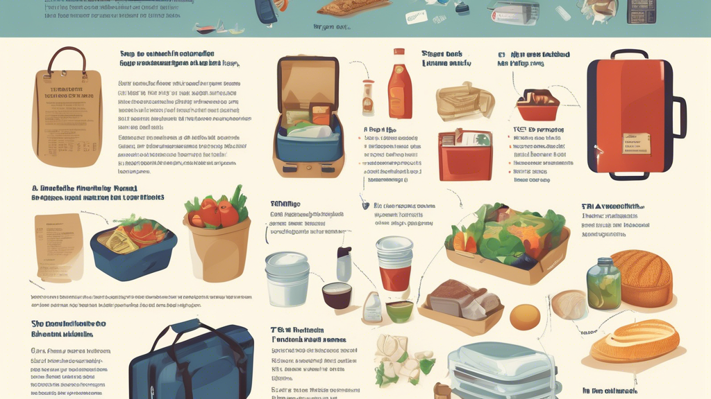 An illustrated infographic detailing TSA regulations for carrying food on a plane, including a list of prohibited items and tips for packing food in carry-on luggage.