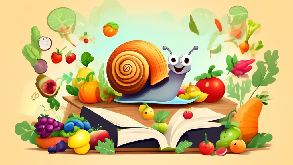 A snail with a compost bin shell on its back surrounded by fruits and vegetables