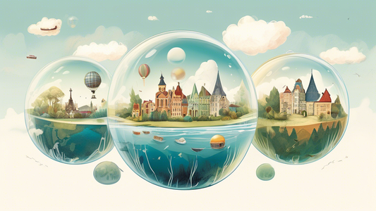 Create a captivating illustration of five whimsical travel adventures, each uniquely contained within a floating bubble, effortlessly drifting over a serene, panoramic world landscape.