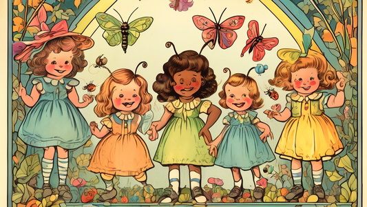 A vintage children's book illustration, pastel colors, a diverse group of children dressed as emotions, titled Little Miss Happy and her Friends