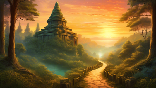 A serene and breathtaking landscape where the elements of nature and symbols of spirituality harmoniously intertwine, featuring a tranquil forest path leading to an ancient temple, under a glowing sunset sky.