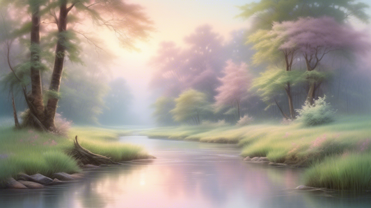 Dreamlike landscape of a serene and quiet nature scene, with a gently flowing stream, surrounded by lush greenery and towering trees, under a soft, pastel sky at dawn, encapsulating a peaceful escape.