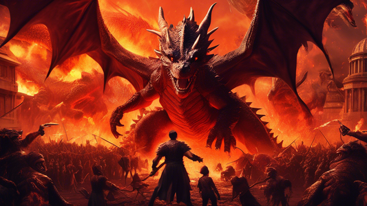 A cinematic poster showcasing an epic battle between monstrous creatures and heroic figures amidst a fiery backdrop, titled '2024 Monsters 103: Mercies Dragon Damnation'.