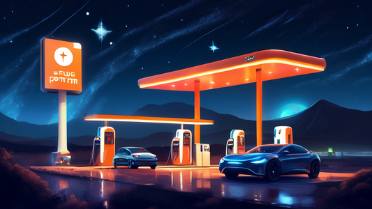 Digital artwork of a futuristic fuel station with a glowing Pertamax sign, bustling with electric and hybrid vehicles under a starry night sky.