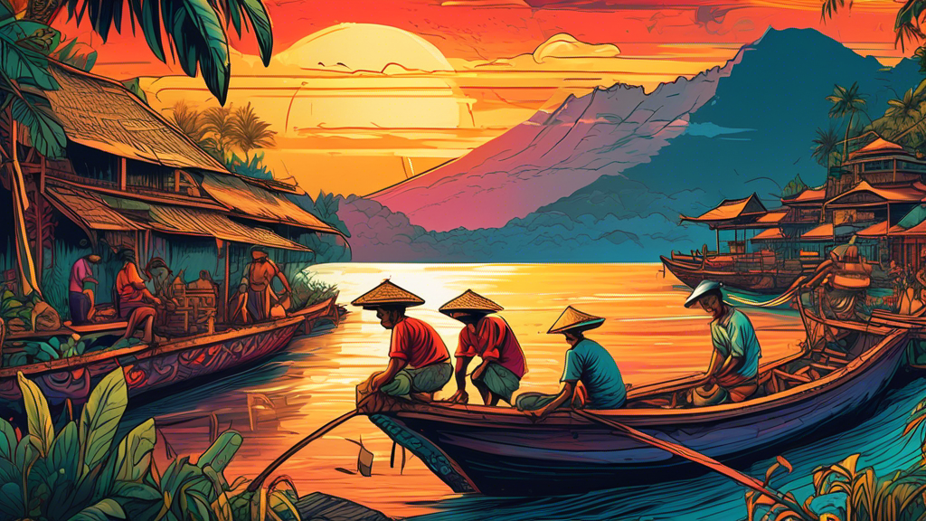 Detailed illustration of traditional Balinese boat builders working together on a colorful wooden boat by the seaside, with Bali's iconic rice terraces and Mt. Agung in the background, under a vibrant sunset.