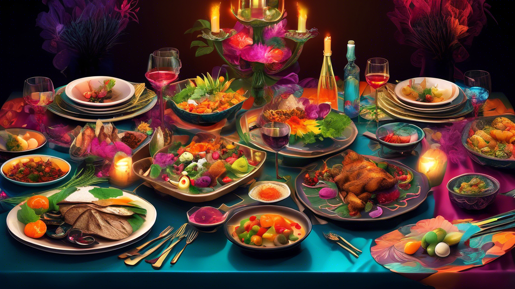 Create an intricate, colorful banquet table set for a luxurious dinner party, showcasing a variety of gourmet dishes from around the world, with an emphasis on presentation and exotic ingredients, under soft, ambient lighting.