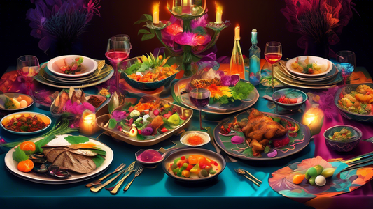 Create an intricate, colorful banquet table set for a luxurious dinner party, showcasing a variety of gourmet dishes from around the world, with an emphasis on presentation and exotic ingredients, under soft, ambient lighting.