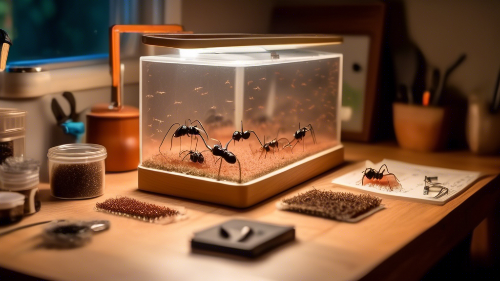 An enthusiastic beginner setting up a Formica Fusca ant farm in a well-lighted room, with small tools, Formica Fusca ants, and a detailed guidebook laid out on a wooden table, in a cozy home environment.