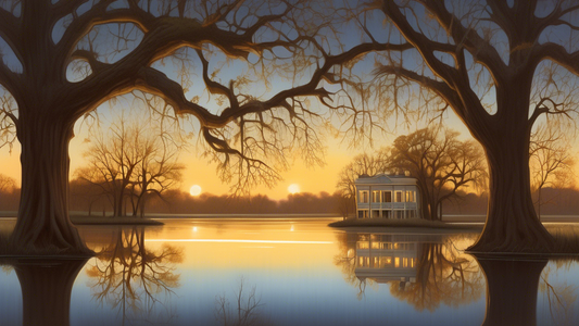 A serene twilight scene along the Mississippi River, featuring the historic and elegant architecture of the River Road Plantations, lined with ancient oak trees, reflected in the calm waters, with soft, golden light filtering through the branches.