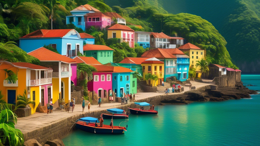 A charming colonial town with cobblestone streets and colorful houses, nestled on a tropical bay with lush green mountains in the background, film crew setting up a shot in the foreground.