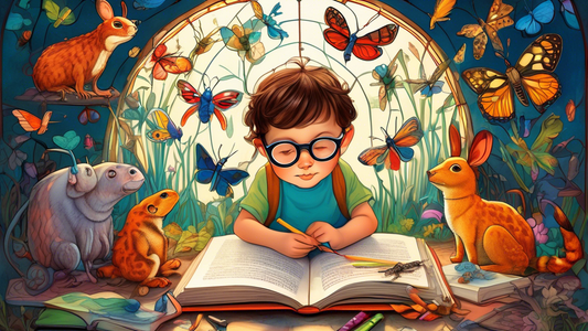 A child curled up with an open book, surrounded by talking animals, each wearing glasses and holding pencils.