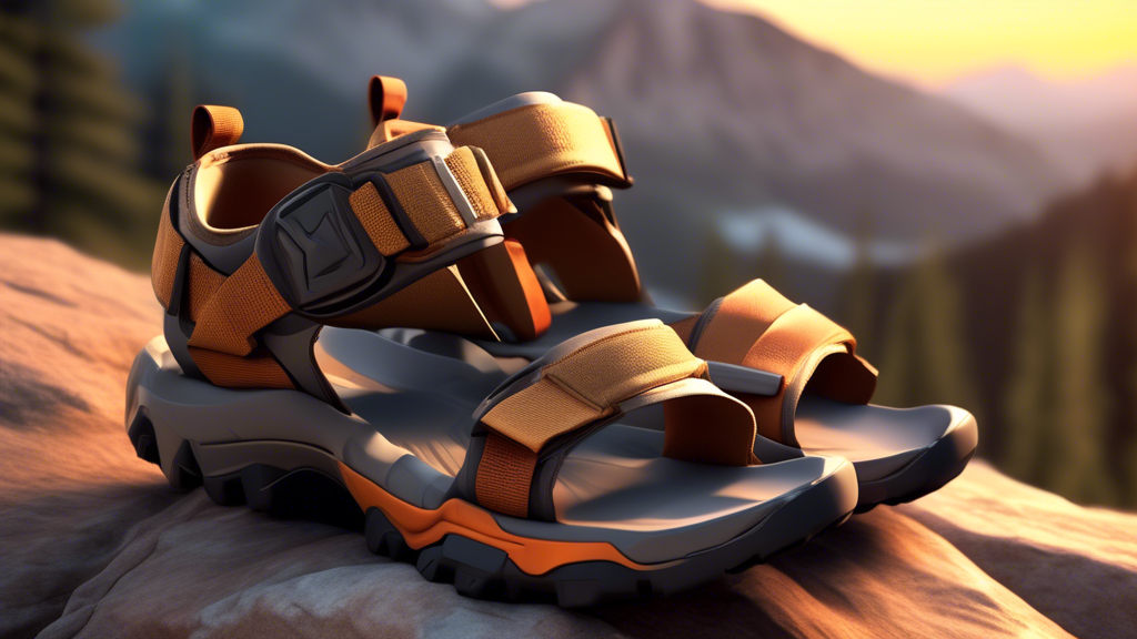 3D render of a pair of high-tech outdoor adventure sandals with rugged soles and adjustable straps, set against a backdrop of a rocky mountain trail at sunset.