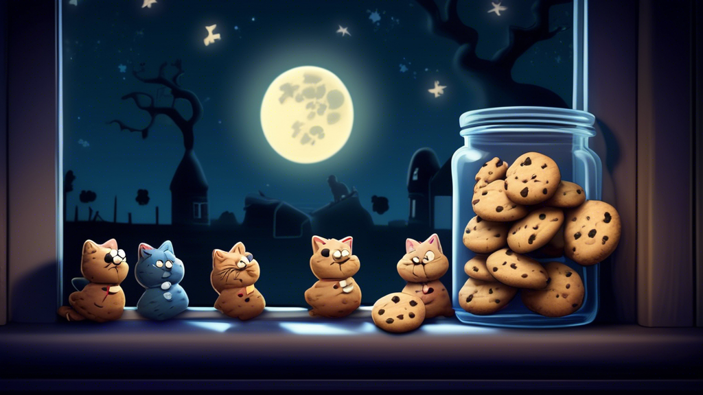 A whimsical cartoon of a group of animated cookies sneaking out of a jar under the moonlight, with a background of a dimly lit kitchen and a sleeping cat on the windowsill.