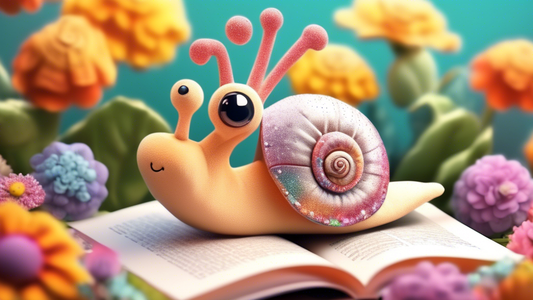 A cute snail plushie with a sparkly shell, nestled amongst real flowers