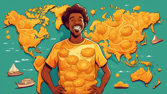 A cartoon-style illustration of a person wearing a vibrant T-shirt adorned with a mouth-watering pattern of golden, crispy hashbrowns, standing proudly in front of a global map with famous landmarks.