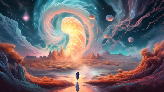 A surreal landscape where ethereal beings with glowing minds walk alongside gigantic, majestic natural elements, under a sky swirling with cosmic energy.