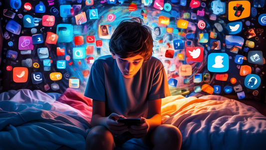 A lone teenager sits huddled on a bed, surrounded by a chaotic swirl of social media icons and news alerts, their face illuminated by the cold glow of their phone, with a single tear rolling down thei