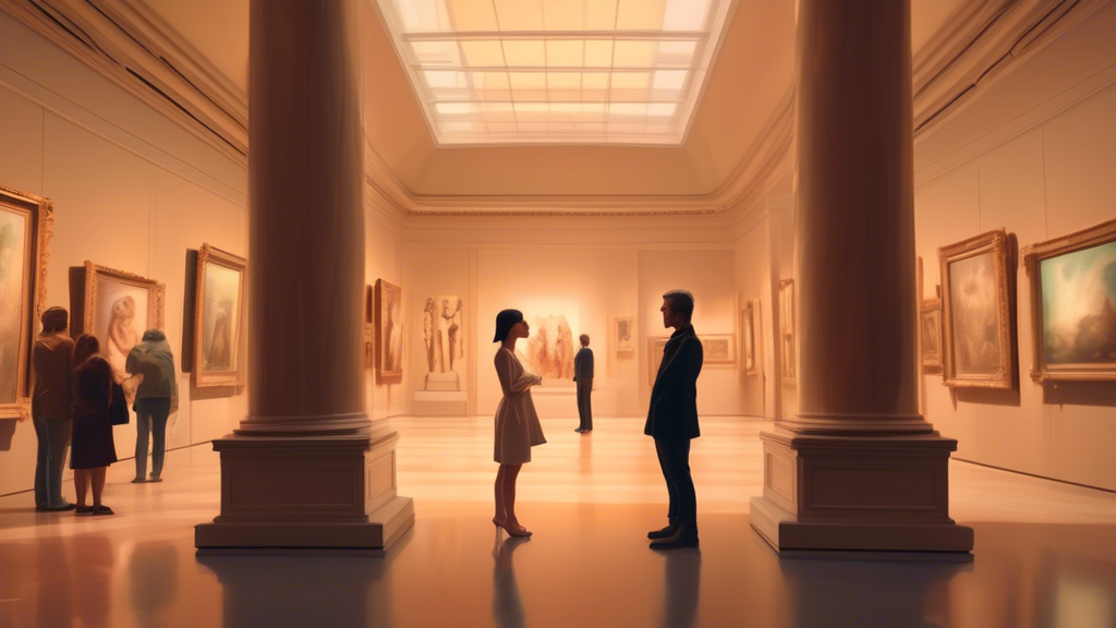 Two people standing intimately close, gazing into each other's eyes amidst a grand museum filled with timeless artwork, under a soft, romantic lighting.