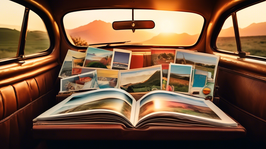 An open photo album on a vintage car dashboard, filled with colorful snapshots of scenic landscapes, quirky roadside attractions, and happy moments captured during various road trips, with the sun setting in the background.