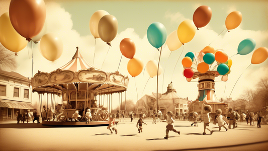 A whimsical playground on a sunny day, with children joyously running around, a vintage carousel spinning in the background, and oversized colorful balloons floating in the air, all seen through a nostalgic, sepia-toned filter.