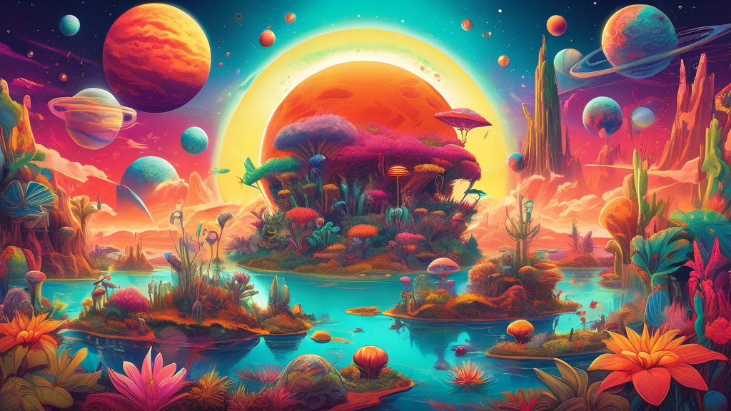 Colorful illustration of a vibrant, alien planet filled with fantastical creatures, exotic plants, and floating islands under a sky with three suns.