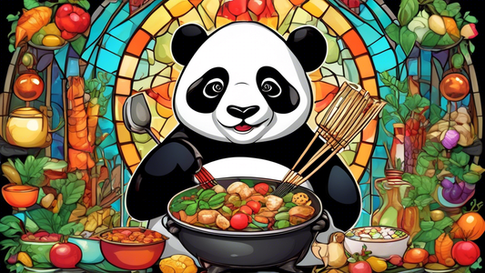 A panda wearing a chef's hat and holding a wok, surrounded by delicious-looking food.