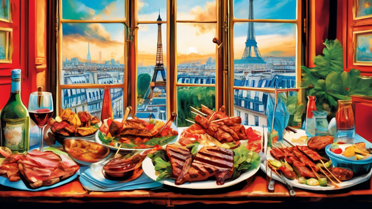 A bountiful table piled high with grilled meats on skewers in a Parisian bistro, with the Eiffel Tower visible through a window.