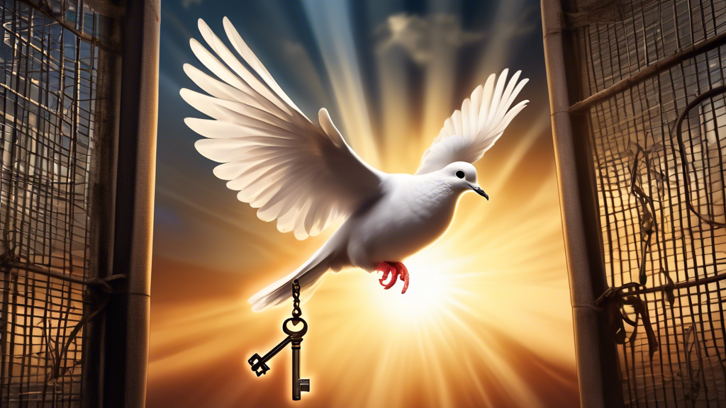 An artistic representation of a dove carrying a key, symbolizing hope and freedom, against a backdrop of prison bars, with sunlight streaming in.