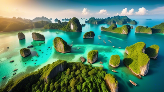 A breathtaking aerial view of the Andaman Sea showcasing its crystal-clear turquoise waters, vibrant coral reefs, and lush green tropical islands. Traditional Thai longtail boats dot the sea, with the