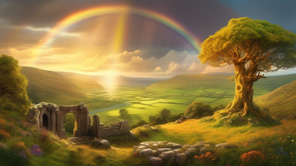 An enchanted panoramic view of a hidden, lush Irish valley with ancient ruins, a mystical fairy tree, and a rainbow framing the scene, all bathed in the golden light of sunset.