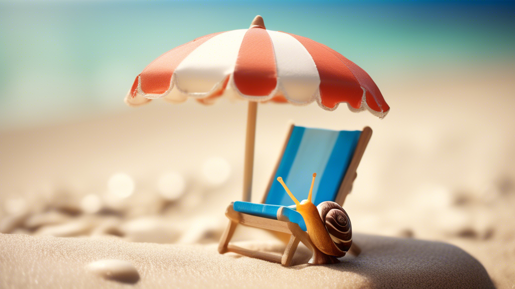 A snail wearing sunglasses and a hat, relaxing on a miniature beach chair under a beach umbrella
