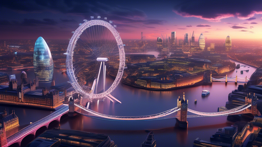 A futuristic digital trade hub soaring over the enchanting skyline of London, illuminated by twilight glow, with iconic landmarks like the London Eye and Tower Bridge seamlessly integrated.