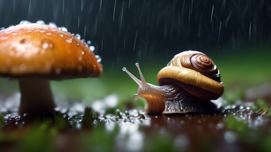 A tiny snail wearing a raincoat, huddled under a large mushroom during a rainstorm