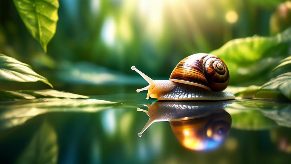 An up-close, vibrant illustration of a curious snail gently touching its reflection in a shimmering pond, with lush greenery and soft sunlight filtering through the leaves in the background.