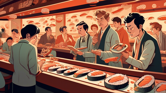 A curious detective magnifying glass in hand, peering closely at a whimsically illustrated sushi conveyor belt, where sushi rolls are replaced by cartoonish roaches, all under the intrigued gazes of diners in a softly lit, high-end sushi bar.