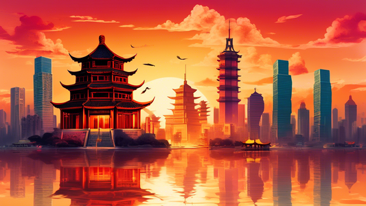 An artistic fusion rendering of ancient Chinese temples with modern skyscrapers in the background, highlighting the rich cultural heritage and modern wonders of China, set during a vibrant sunset.