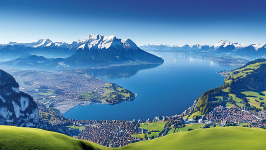 A stunning panoramic view of Mount Pilatus from Lucerne, with a small silhouette of Zurich in the far background, under a clear blue sky, illustrating a one-day journey between the two locations.