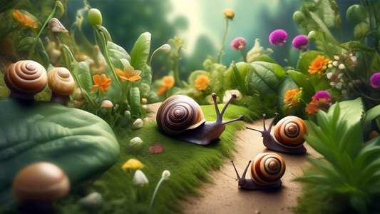 A whimsical garden on a slope with several friendly snails among the plants